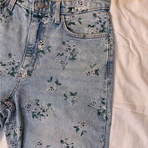 High Rise Blue Floral Jeans with Distressed Look